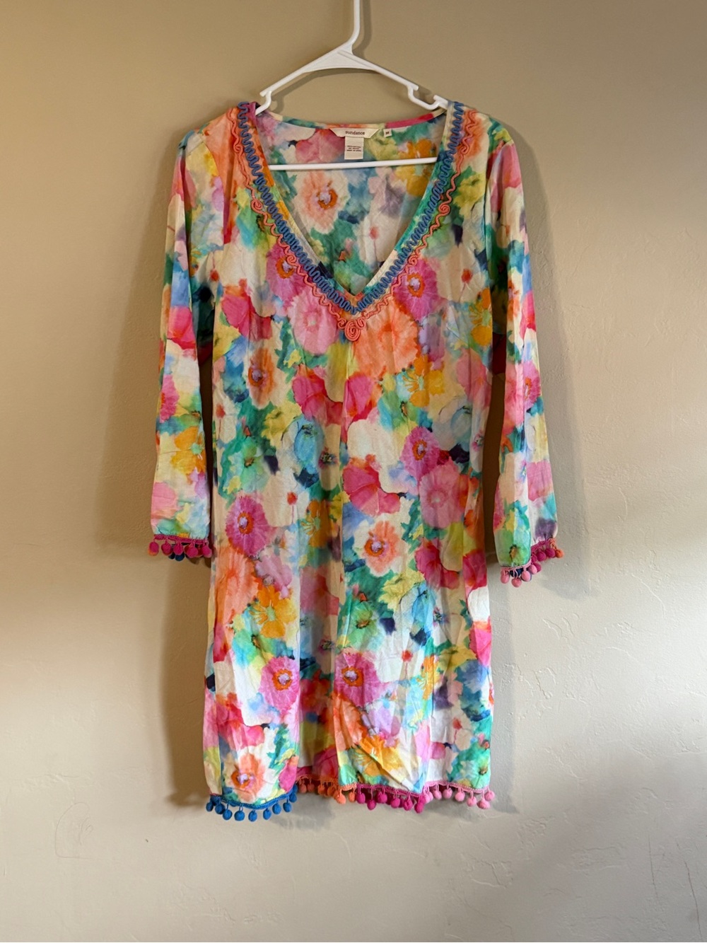 Sundance Multicolor Watercolor Cotton Coverup with Pom Trim
